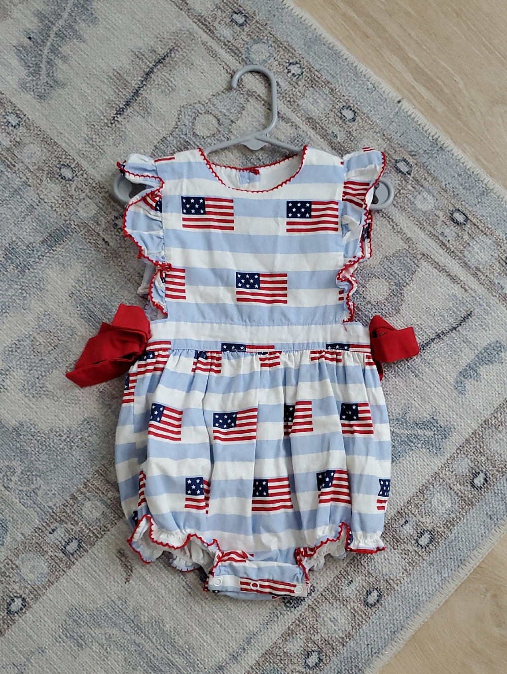 Smockingbird American Flag Blue Striped Toddler Girl Patriotic Bubble Sz3T